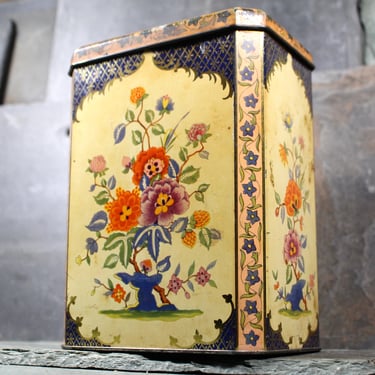 Antique Hinged Floral Tin | English Tin Container | Vintage Storage | Cottagecore Floral Tin | Bixley Shop 