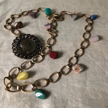 70s byzantine chain link belt / vintage gold bronze Roman coin belt buckle chain link + polished dangling stone belt / adjustable belt 