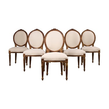 Antique French Louis XVI Style Gilded Dining Chairs W/ Ivory Chenille - Set of 6 