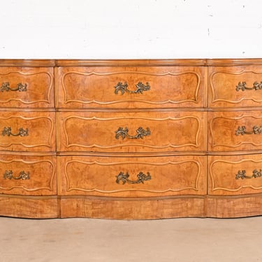 Romweber French Provincial Louis XV Bombay Form Burl Wood Triple Dresser, Circa 1940s