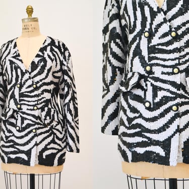 80s 90s Vintage Zebra Sequin Jacket Small Medium Stripe// 90s Black White Sequin Beaded Wedding Party Jacket Zebra Animal Sequin Blazer 