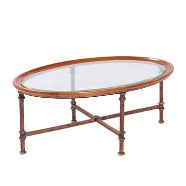 Maitland Smith Leather, Glass and Mahogany Oval Coffee Table 