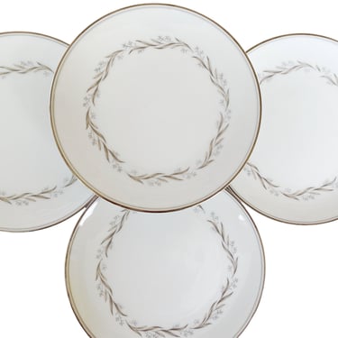 4 Vintage Noritake Almont salad plates. Elegant MCM dinnerware, white wedding china with platinum rims. Made in Japan 1960. 