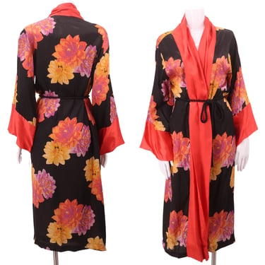 1920s black dahlia print kimono robe M/L / vintage 20s acetate bohemian Deco FLAPPER tie robe antique 
