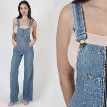 Super Model Length 70s Levis Overalls / Vintage Suspender Blue Jeans / Hippie Flare Bell Bottom Utility Jumpsuit 