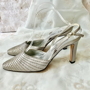 Vintage High Heels, St John, Silver Metallic, Rhinestones, Beaded, Pointed Toe Shoes, Sexy Straps, 90s 00s 