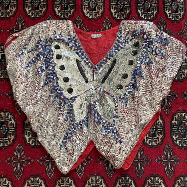 Vintage ‘70s sequin butterfly top | disco era, ‘80s silver sequined party top, made in India, S 