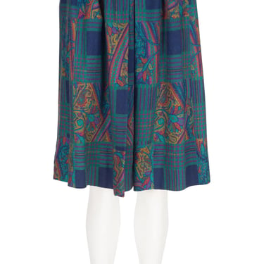 Yves Saint Laurent 1980s Vintage Paisley Plaid Wool Pleated Knee Length Skirt 