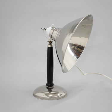 1950s Industrial Chrome & Wood Table Lamp with Ceramic Switch, Czechoslovakia / Vintage Industrial Table Lamp 