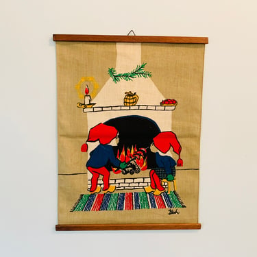 Vintage Linen Elf Winter Holiday Screen Printed Banner Wall Hanging by Bowa Sweden - As Is Condition 