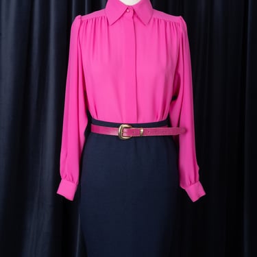 Stunning 80s Josephine Fuchsia Semi-Sheer Blouse with Gathered Shoulders and Pleated Balloon Sleeves 