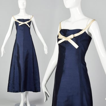 Small 1960s Karl Lagerfeld Jean Patou Dress Formal Blue Silk Evening Gown Off-Shoulder 