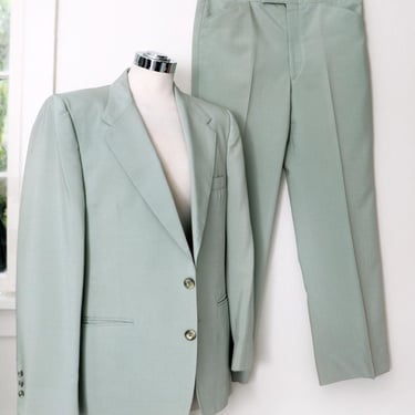 Green Men's Vintage Malibu LEISURE SUIT Jacket & Pants Sport Coat, 1960's, 1970's Matching Suit Trousers Polyester Mid Century Beverly Hills 