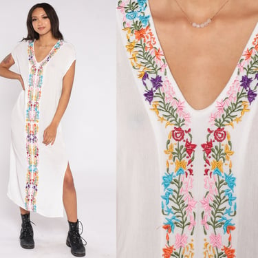 White Floral Dress Y2k Embroidered Midi Dress Deep V Neck Shift Sleeveless Summer Cap Sleeve Dress Side Slit Hippie Vintage 00s Medium 