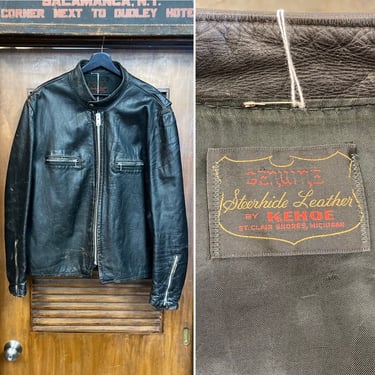 Vintage 1960’s Size XL “Kehoe” Steerhide Black Leather MC Cafe Racer Jacket, 60’s Vintage Clothing 