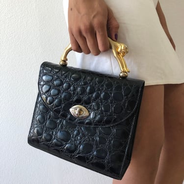 Vintage Stephan Black Leather Handbag With Gold Jaguar Handle 