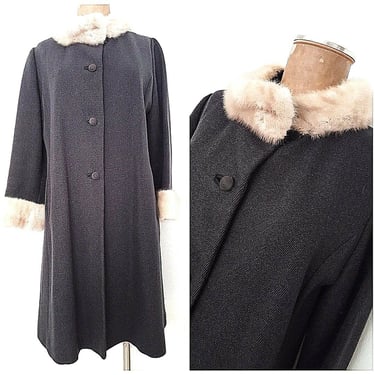 Vintage 60s Glam Mink Fur Jacket Size Medium Gray Formal Wool Coat Midi