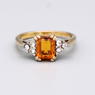 Vintage SETA gold plated crystal size 8 bling ring, classic faux citrine faux diamond accents fashion ring 