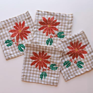 linen cocktail napkins. poinsettia on gingham. hand block printed. boho decor. hostess or housewarming gift. holiday winter party 