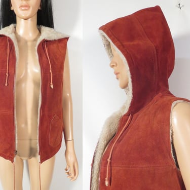 Vintage 70s Suede Hooded Vest With Fuzzy Lining Size M 