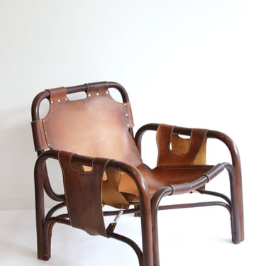Tito Agnoli Italian Leather and Bamboo Lounge Chairs, 1960s