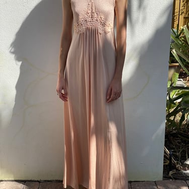 1970s Naked Dress / Nude Maxi Dress / Blush Champagne Pink Lace Bodice Cut Out Evening Gown / Liquid Jersey Dress / Seventies Disco Era 