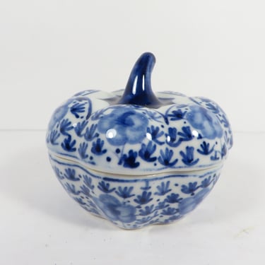 Vintage Blue White Chinoiserie Ceramic Pumpkin Box - Porcelain Blue White Pumpkin Trinket Box 