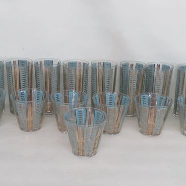 Mid Century Gold and Blue Set of Fifteen Water Whiskey Tumbler Bar Glasses 3065B