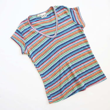 Vintage 70s Striped Shirt S M - 1970s Multicolor Stripe V Neck T Shirt - Mint Blue Orange Striped Top - Colorful Vintage Knit Shirt 