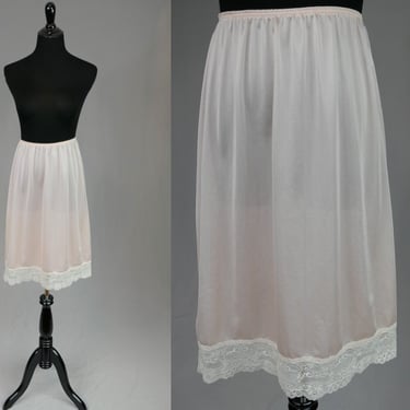 80s Pale Pink Half Slip - Off-White Lace Trim - Nylon Skirt Slip - Vintage 1980s - M 