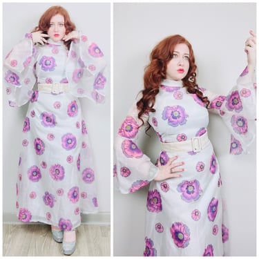 1970s Vintage Alfred Shaheen Pink Hibiscus Maxi Dress / 70s / Seventies Drama Bell Sleeve Belted Hostess Floral Gown / Medium 