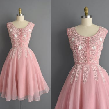 1950s vintage dress | Outstanding Rose Pedal Pink Embroidered Rhinestone Wedding Dress | Large | 50s dress 