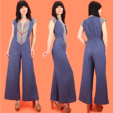 Vintage 70's Cotton Jumpsuit // Blanket Striped Details + Bell bottoms // High Waisted // Wide Leg // HiPPiE BoHo S/M 