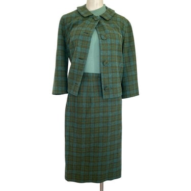 60's 70's Vintage PENDLETON suit, green plaid suit set, 2 piece suit matching jacket skirt, Pendleton outfit, Womens dress suit wool small 