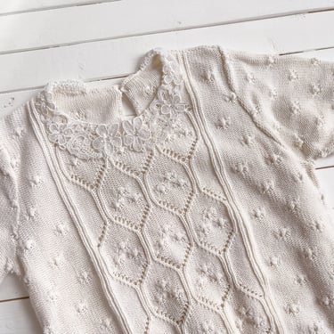 cute cottagecore sweater | 80s 90s vintage white cream ivory lace collar short sleeve sweater 