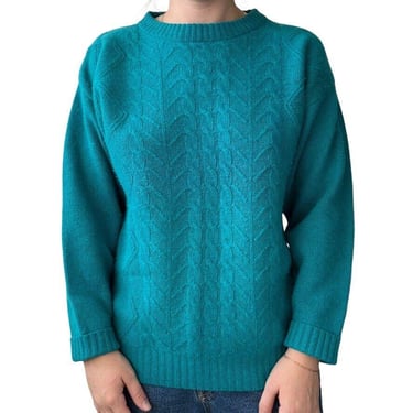 Vintage 1980s Teal Blue Angora Lambswool Chunky Cable Knit Sweater Sz M 