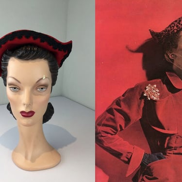 Seville Summer Days - Vintage 1940s 1950s True Red Wool Felt Sculpted Matador Caplet Hat 