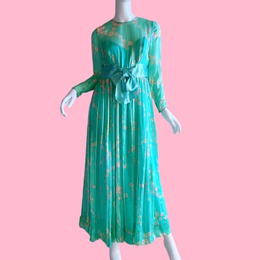 70s Geoffrey Beene Silk Dress, Vintage Floral Party Wedding Gown Small 