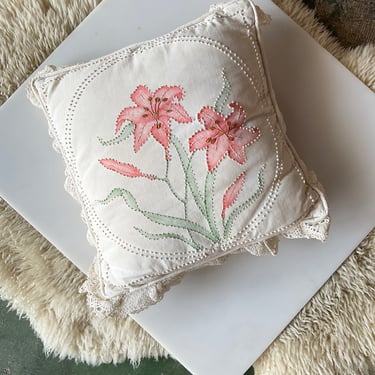 Embroidered Cream and Peach Lily 80s Pillow