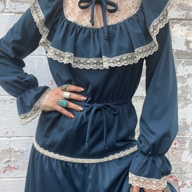 1970s Blue Polyester Long Sleeve Lace Dress