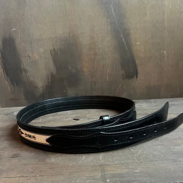 Black Leather Belt with Embroidered Inlay