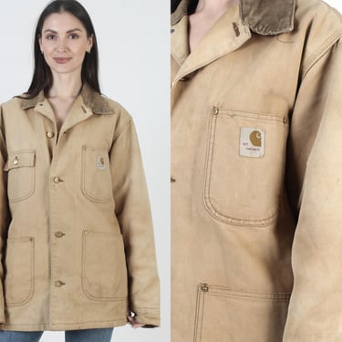 Carhartt Chore Jacket, Tan Corduroy Collar, Mens Lined Barn Coat, Button Up Overcoat, Size 40 