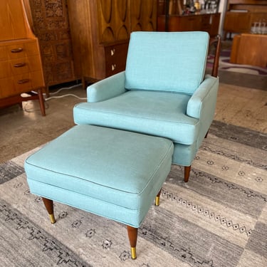 Mid Century Cane Back Lounge Chair with Ottoman