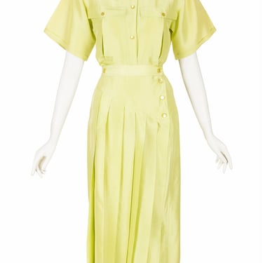 Anne-Marie Beretta 1980s Vintage Pastel Chartreuse Raw Silk Top & Pleated Skirt Set Sz XS 