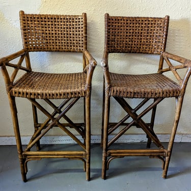 Vintage McGuire Style Rattan and Leather Bar Stools - Set of 2 