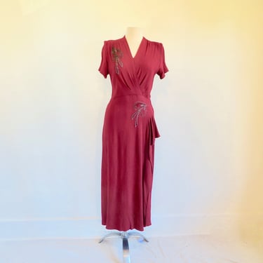 1940's Red Rayon Crepe Long Evening Dress Gray Beaded Trim Cocktail Party WW2 Era Rockabilly Winter Holiday 30" Waist Size Medium 