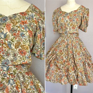 Vintage Dress, Tiered Circle Skirt, Sweetheart, Pin Up Rockabilly, Earth Tones Floral, Swing Dance, Square Dance 