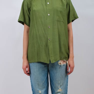 1960s Olive Green Short Sleeve Silk Button Up Shirt