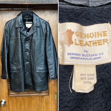 Vintage 1960’s Jet Black Mod Gangster Rocker 3/4 Length Leather Jacket with Zip-Out Liner, 60’s Vintage Clothing 