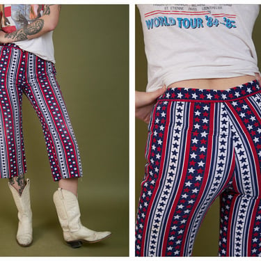 Vintage 1970s 70s Stars & Stripes Americana Mid Rise Capri Denim Pants Trousers 